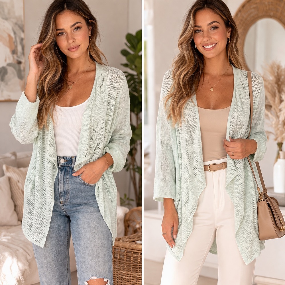Green Open-Front Cardigan with Draped Collar